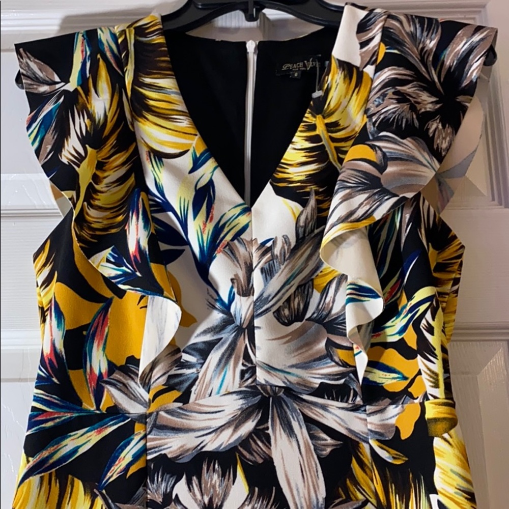 Tropical Print Midi Dress with Ruffle V neck